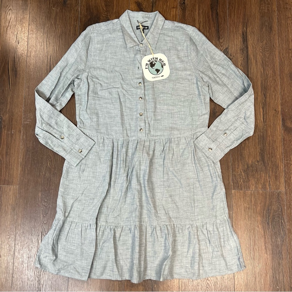 🆕 Toad & Co Reform Tiered Dress with pockets in Blue Slate Spacedye SZ‎ LG